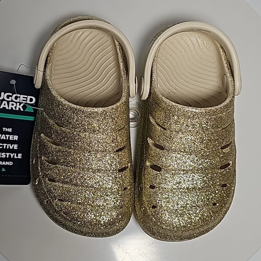 Rugged Shark Gold Glitter Clogs Toddler 7/8 NWT Lightweight Slip On Play Shoes
